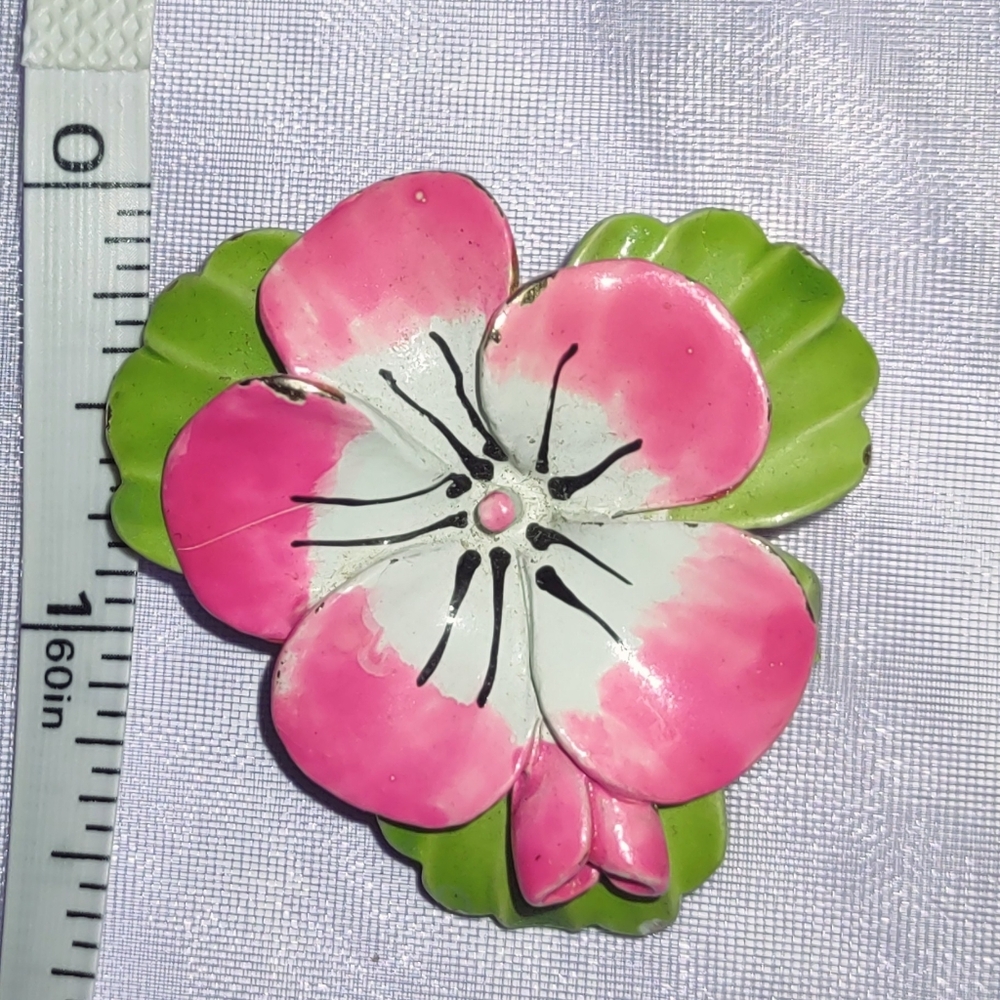 Pink & White Flower Bright Green Enamel  Brooch